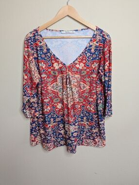 Sakurafina 1XL Persian Carpet Print V-Neck Top 3/4 Sleeve